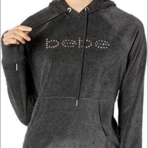 BEBE Grey Velour Silver Studded Logo Hoodie Sweatshirt SZ L